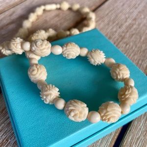 Vintage Hand Carved Bone, Rose Bead Necklace